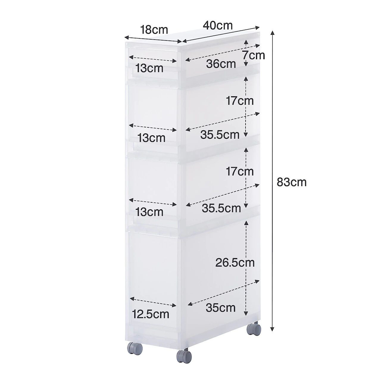 Wózek PP wąski 4 szuflady płytka/głęboka 18x40x83cm