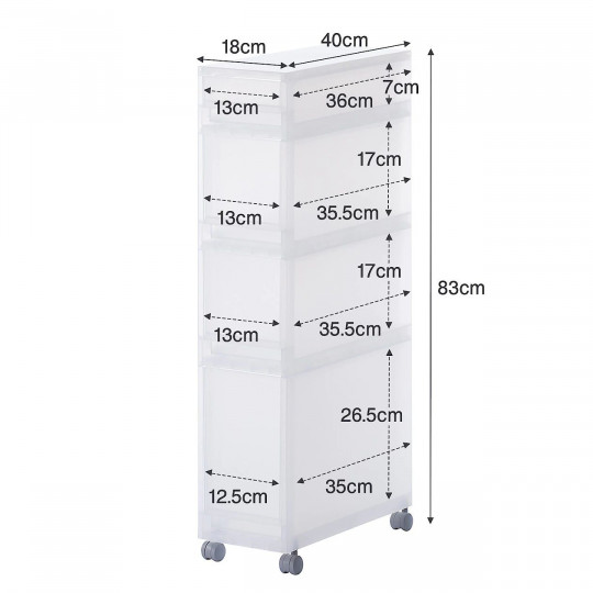 Wózek PP wąski 4 szuflady płytka/głęboka 18x40x83cm