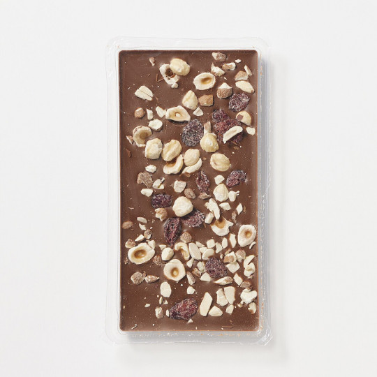 Czekolada mleczna z żurawiną, prażonymi orzechami laskowymi i migdałami 110g