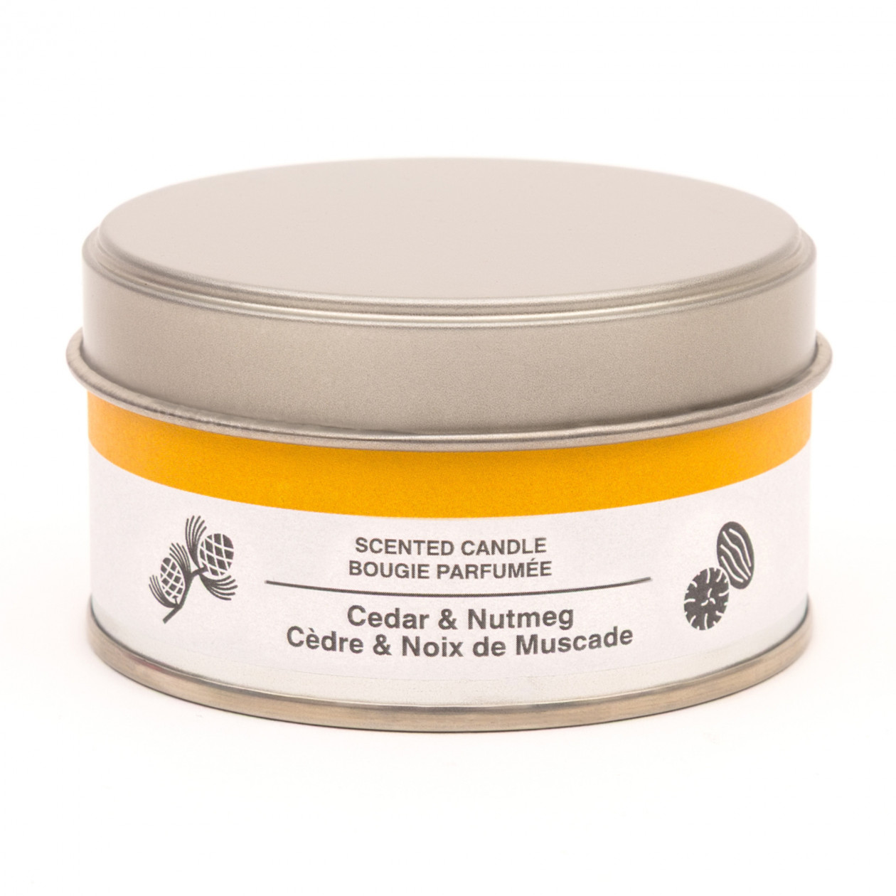 Świeca zapachowa w puszce gałka muszkatołowa i cedr