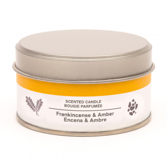 Świeca zapachowa w puszce kadzidłowiec i bursztyn