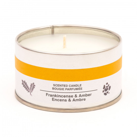 Świeca zapachowa w puszce kadzidłowiec i bursztyn