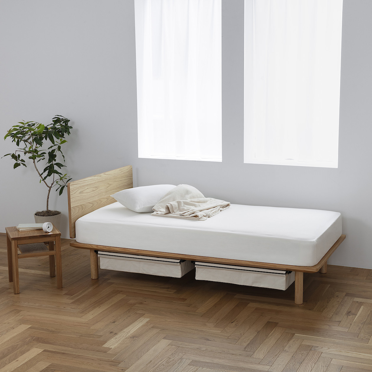 [Dostępny od ręki] Łóżko systemowe pojedyncze z wezgłowiem 103 x 202 cm dąb