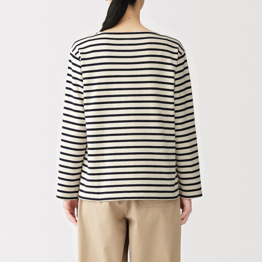 Bluzka z dekoltem w łódkę w paski niebieska