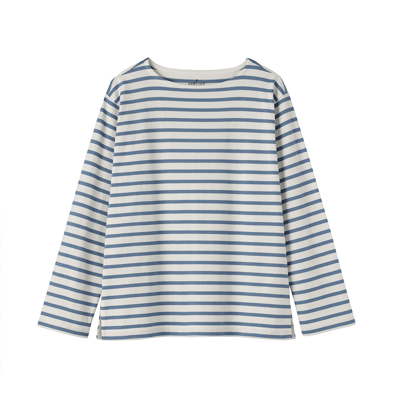 Bluzka z dekoltem w łódkę w paski niebieska