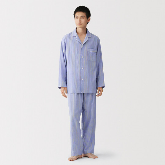 Piżama męska double gauze w paski niebieska