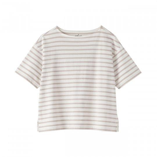 Bluzka z dekoltem w łódkę i krótkim rękawem w jasnoszare paski