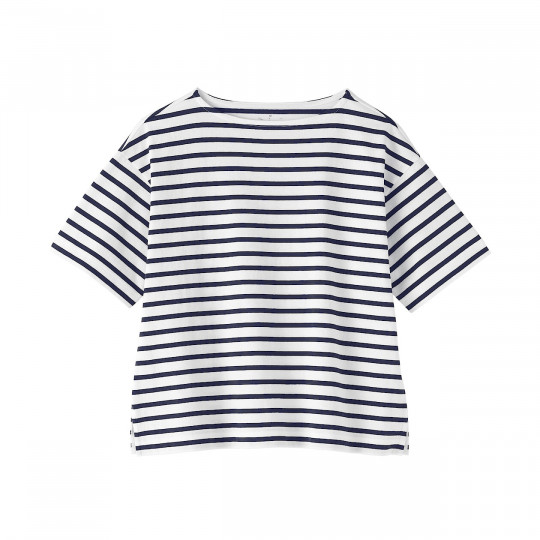 Bluzka z dekoltem w łódkę i krótkim rękawem w granatowe paski