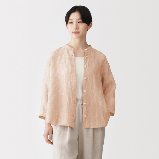 Bluzka lniana z rękawem 3/4 pomarańczowa w paski