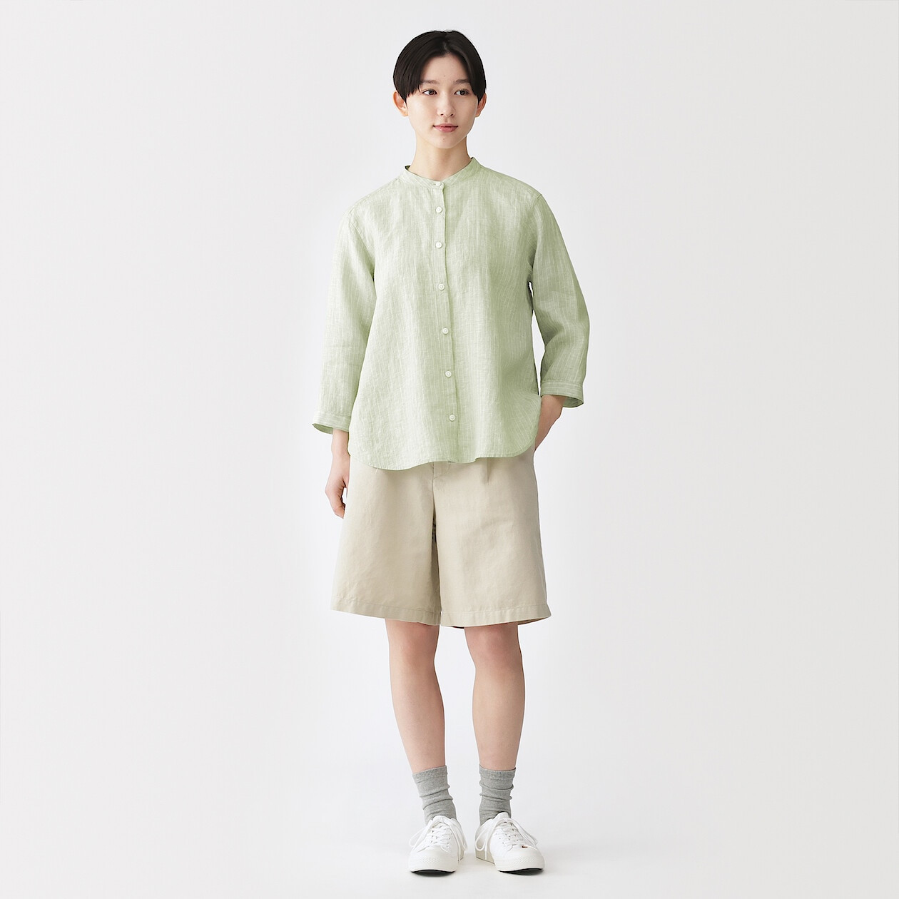 Bluzka lniana z rękawem 3/4 zielona w paski