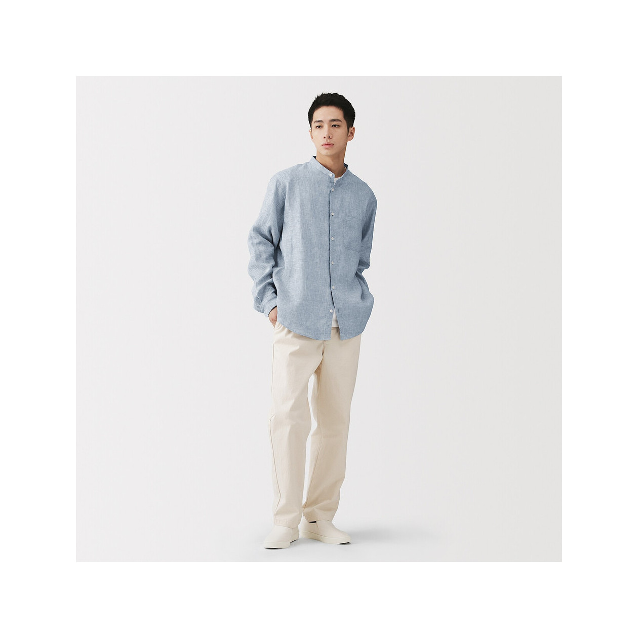 Koszula lniana ze stójką błękitna