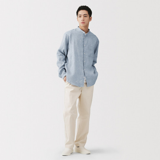 Koszula lniana ze stójką błękitna