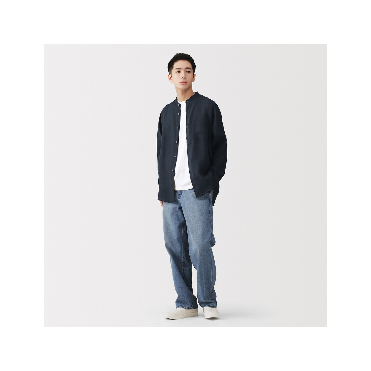 Koszula lniana ze stójką granatowa