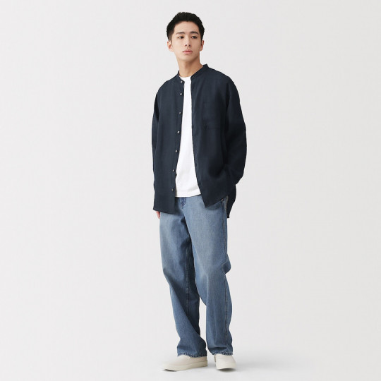 Koszula lniana ze stójką granatowa