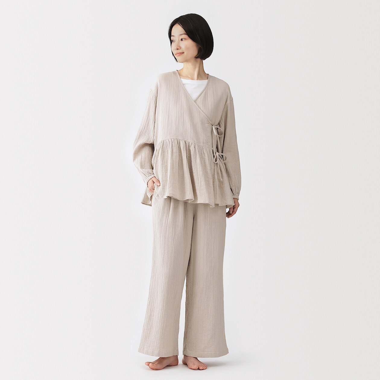 Spodnie double gauze off beżowe